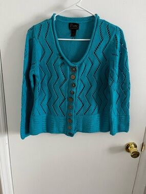 Pure Hand Knit Teal Open-Knit Button Front Sweater with Unique Buttons